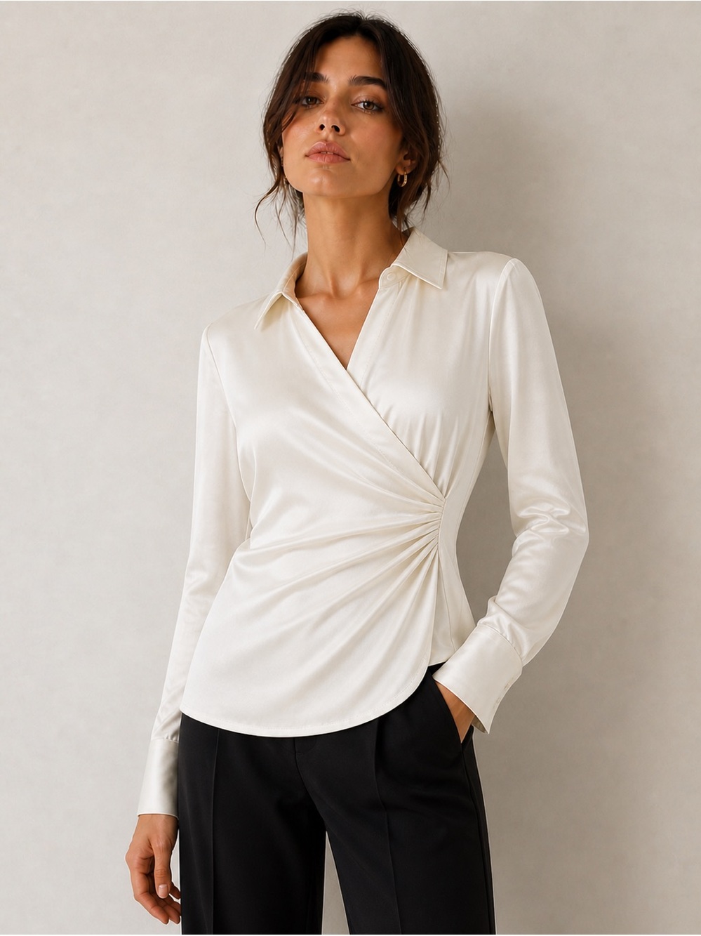 💎 JOSEPH RIBKOFF Ivory Taffeta Wrap Blouse | Structured Side Gather